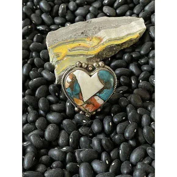 Native American Sw Sterling Silver Orange Spiny🧡💙Turquoise Heart Ring Size 7 - Picture 5 of 5